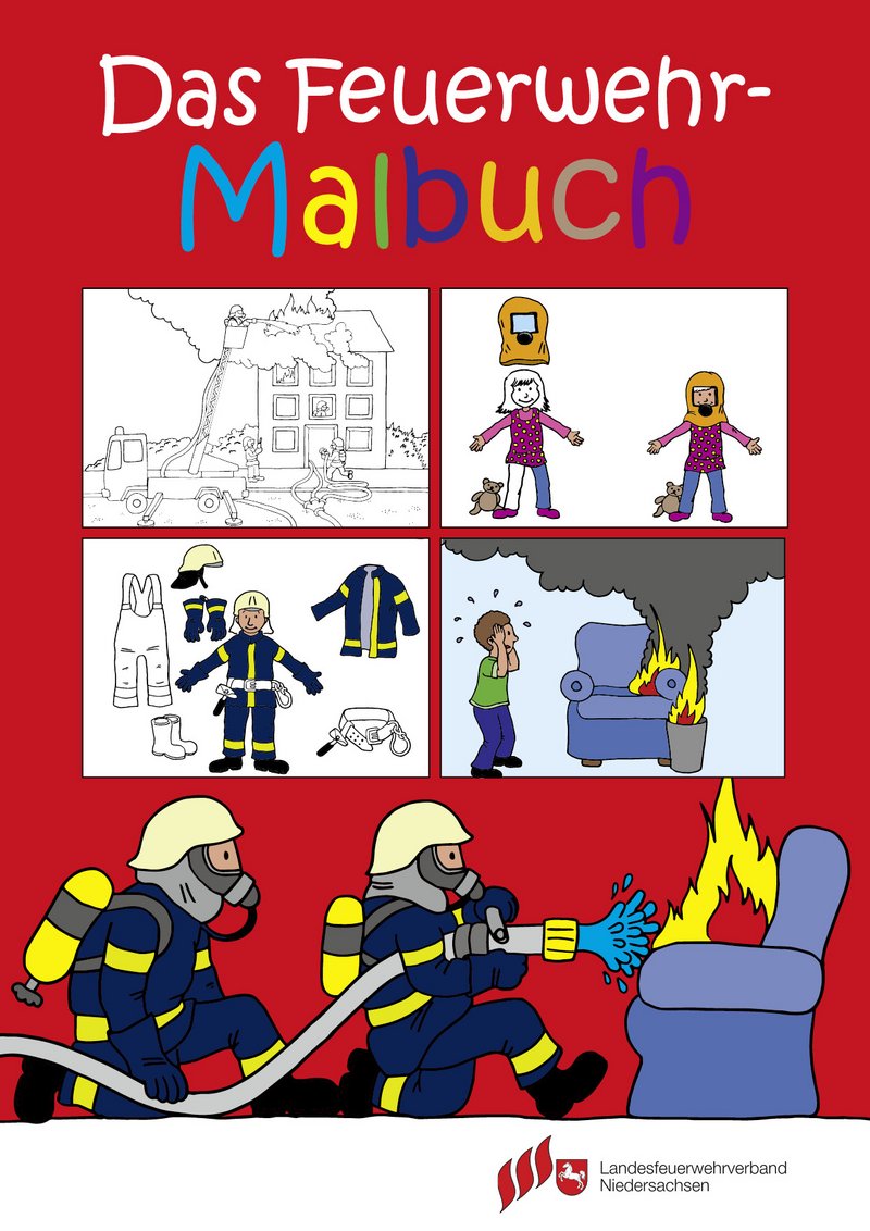 Malbuch: gemalte Feuerwehrmänner löschen brennenden Sessel