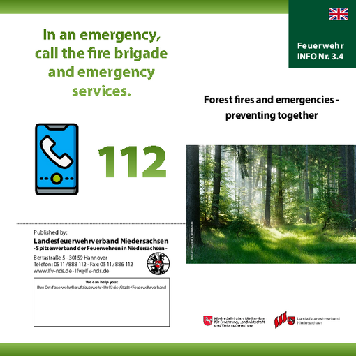 Faltblatt Feuer und Notfälle im Wald - Gemeinsam vorbeugen - in englischer Sprache