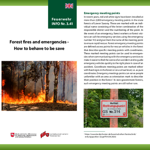 Faltblatt Feuer und Notfälle im Wald - Das richtige Verhalten in englischer Sprache