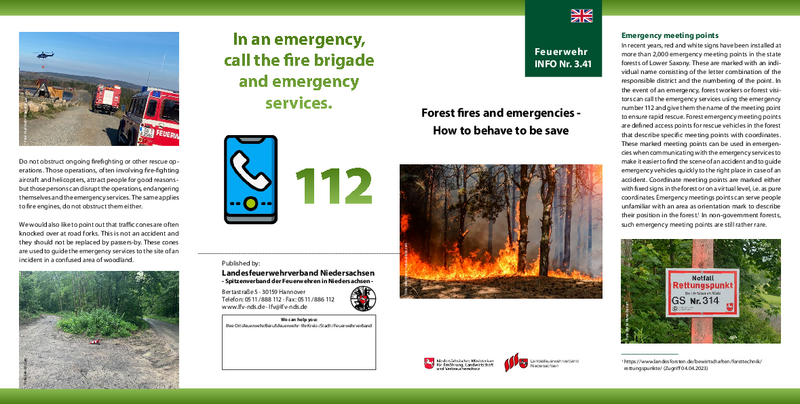 Faltblatt Feuer und Notfälle im Wald - Das richtige Verhalten in englischer Sprache